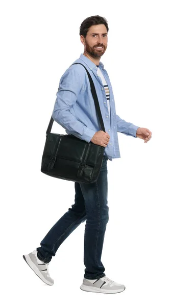 Handsome Man Bag Stylish Outfit Walking White Background — Stock Photo, Image