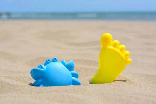 Colorful plastic molds on sand near sea, space for text. Beach toys