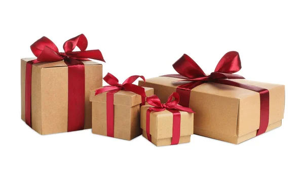 Presente Natal Caixas Embalagem Fundo Branco — Fotografia de Stock