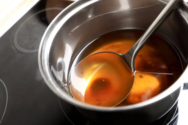 Saucepan Ladle Used Cooking Oil Stove Closeup — Stock Photo, Image