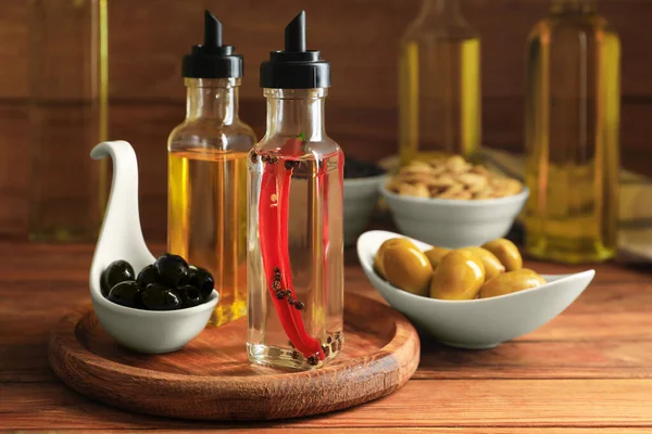 Different Cooking Oils Ingredients Wooden Table — Stockfoto