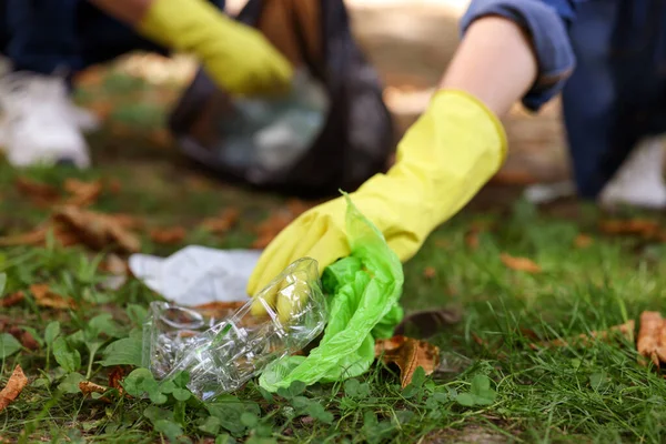 Woman collecting garbage in park, closeup view