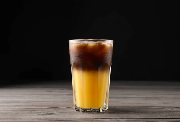 Tasty Refreshing Drink Coffee Orange Juice Wooden Table Dark Background — Stock Photo, Image