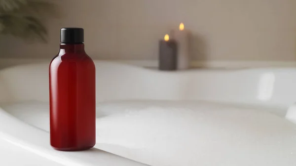 Botella Roja Baño Burbujas Bañera Interior Espacio Para Texto — Foto de Stock