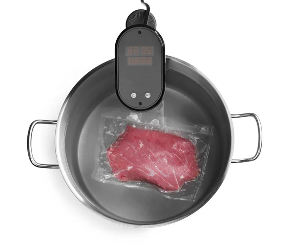 Thermal Immersion Circulator Meat Pot White Background Top View Vacuum — Stock Photo, Image