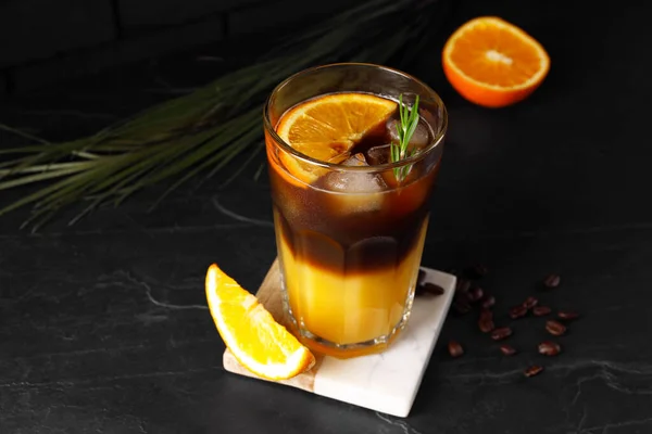 Tasty Refreshing Drink Coffee Orange Juice Grey Table — Fotografia de Stock