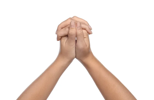 Frau Mit Gefalteten Händen Beim Gebet Auf Weißem Hintergrund Nahaufnahme — Stockfoto