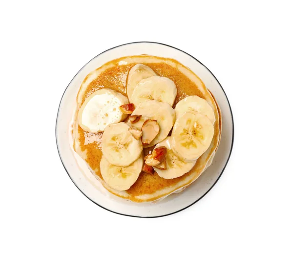 Tasty pancakes with sliced banana isolated on white, top view