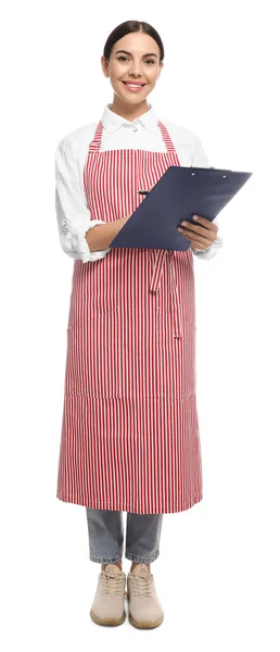 Young Woman Red Striped Apron Clipboard White Background — Stock Photo, Image