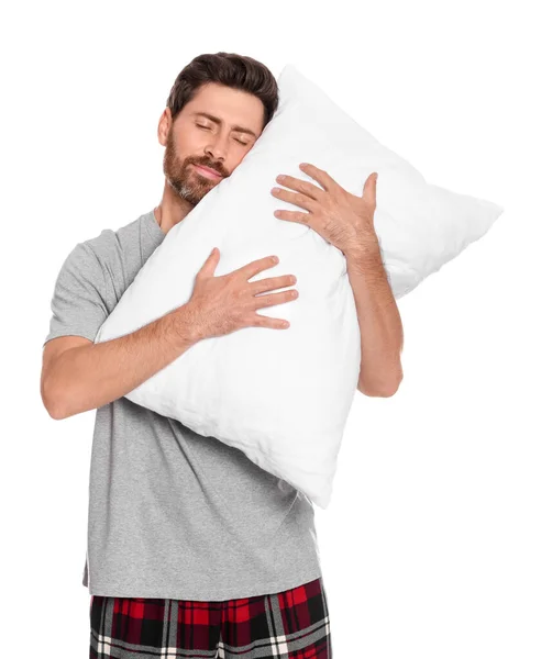 Ύπνος Όμορφος Άντρας Αγκαλιάζει Μαλακό Μαξιλάρι Λευκό Φόντο — Φωτογραφία Αρχείου