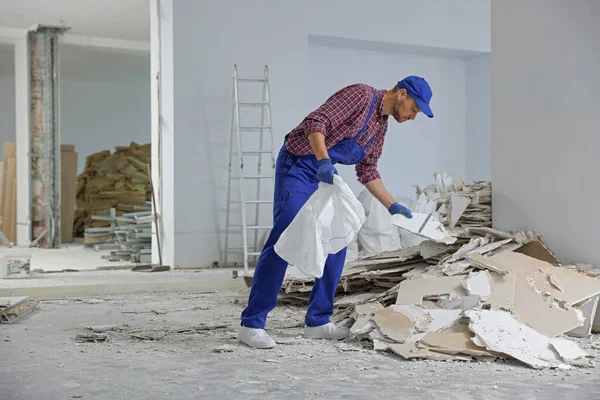 Construction Worker Used Building Materials Room Prepared Renovation — Foto de Stock