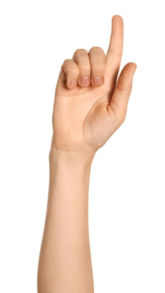 Frau Zeigt Auf Etwas Auf Weißem Hintergrund Nahaufnahme Der Hand — Stockfoto