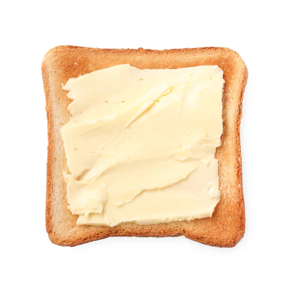 Deliciosa Torrada Crocante Com Manteiga Isolada Branco Vista Superior — Fotografia de Stock