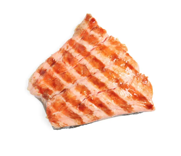 Piece Tasty Grilled Salmon White Background Top View — Stock Photo, Image