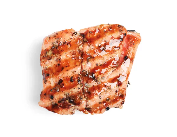 Piece Tasty Grilled Salmon White Background Top View — Stock Photo, Image