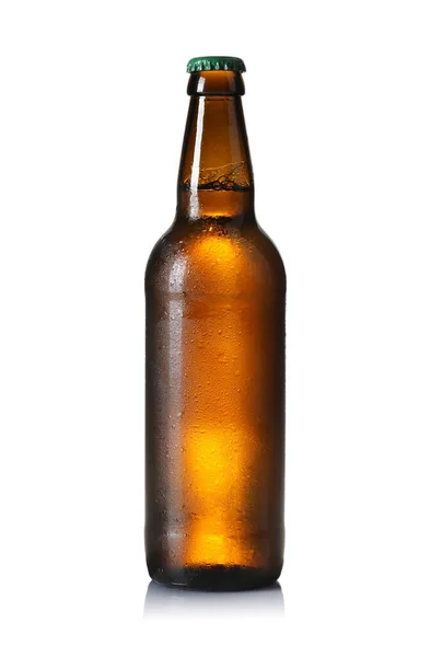 Botella Vidrio Marrón Cerveza Aislada Blanco —  Fotos de Stock