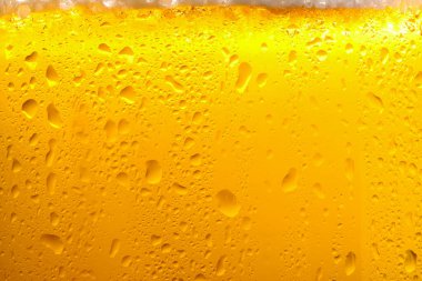 Glass of tasty cold beer with foam and condensation drops as background, closeup