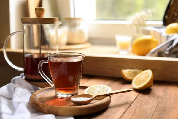 Leckerer Tee Zucker Und Zitrone Auf Holztisch Platz Für Text — Stockfoto