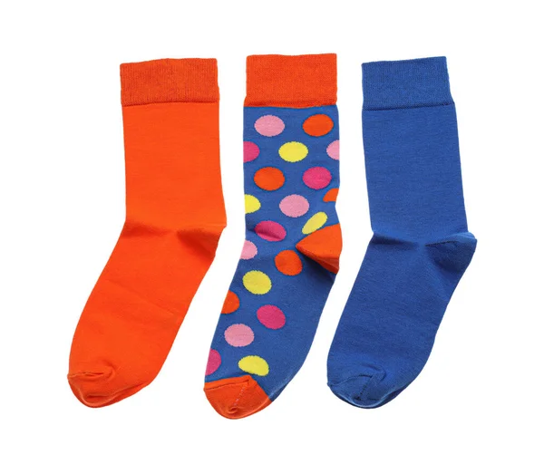 Různé Barevné Ponožky Bílém Pozadí Horní Pohled — Stock fotografie