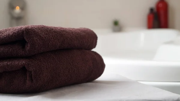 Stacked Bath Towels Table Bathroom Closeup Space Text — Stock Photo, Image