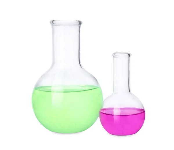 Лабораторний Скляний Посуд Барвистими Рідинами Білому Тлі — стокове фото