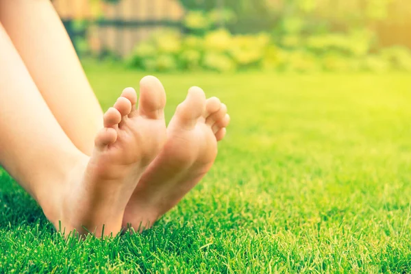 Woman Sitting Barefoot Fresh Green Grass Outdoors Closeup Space Text — Stock Photo, Image