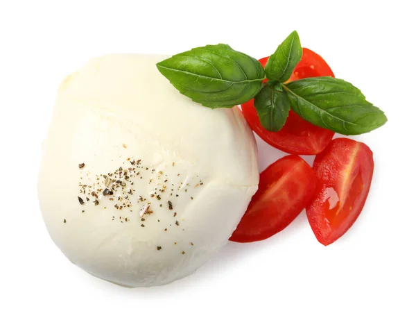 Köstlicher Mozzarella Mit Tomaten Und Basilikumblättern Auf Weißem Hintergrund Draufsicht — Stockfoto