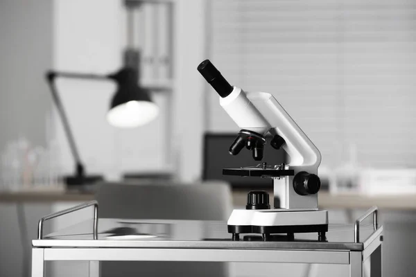 Modern Medical Microscope Metal Table Laboratory Space Text — Stockfoto