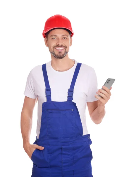 Professionell Reparatör Uniform Med Telefon Vit Bakgrund — Stockfoto