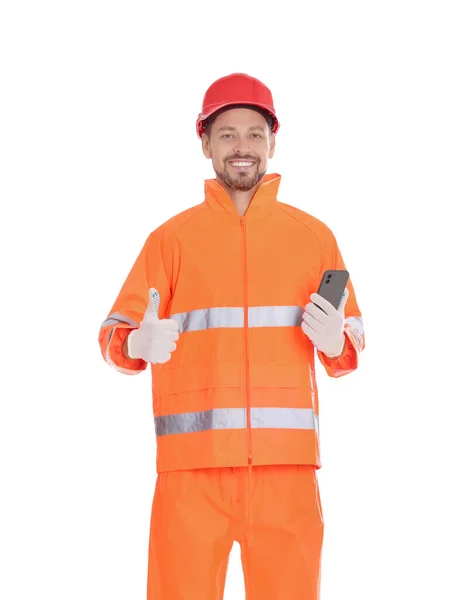 Mann Reflektierender Uniform Mit Telefon Auf Weißem Hintergrund — Stockfoto