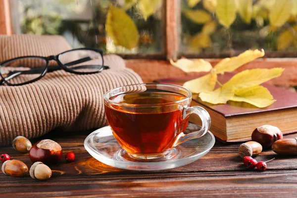 Cup Aromatic Tea Book Soft Sweater Wooden Windowsill Indoors Autumn — Stock Photo, Image