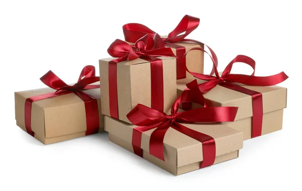 Χριστουγεννιάτικο Δώρο Πολλά Κουτιά Δώρων Kraft Λευκό Φόντο — Φωτογραφία Αρχείου