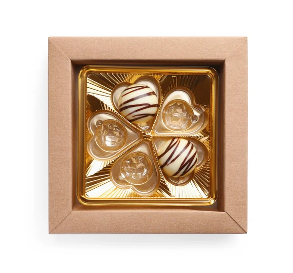 Caixa Parcialmente Vazia Doces Chocolate Isolados Branco Vista Superior — Fotografia de Stock