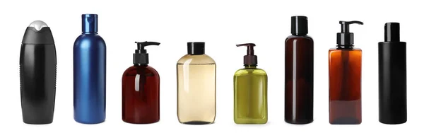 Set Různými Lahvemi Šamponu Bílém Pozadí Návrh Nápisu — Stock fotografie