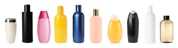 Conjunto Com Diferentes Garrafas Shampoo Sobre Fundo Branco Design Banner — Fotografia de Stock