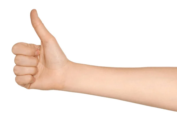 Mulher Mostrando Polegar Para Cima Gesto Fundo Branco Close Mão — Fotografia de Stock