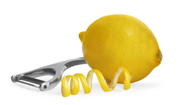 Descascador Limão Fresco Raspas Sobre Fundo Branco — Fotografia de Stock