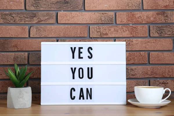 Lightbox Phrase Yes You Can Cup Coffee Potted Houseplant Table — Stock Photo, Image