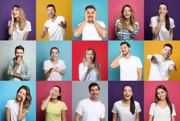 Collage Con Fotos Personas Riendo Diferentes Fondos Color — Foto de Stock