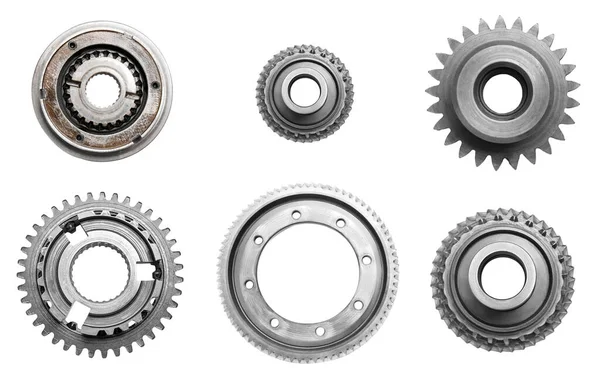 Set Different Stainless Steel Gears White Background Top View — Stock Photo, Image