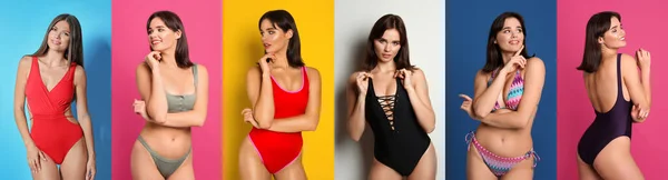 Farklı Renklerde Bikini Giyen Kadınların Fotoğraflarıyla Kolaj Pankart Tasarımı — Stok fotoğraf
