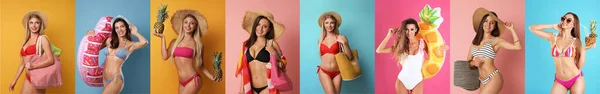 Κολάζ Φωτογραφίες Γυναικών Που Φορούν Μπικίνι Διαφορετικά Χρώματα Σχεδιασμός Banner — Φωτογραφία Αρχείου