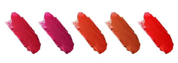 Smears Different Beautiful Lipsticks White Background Top View Banner Design — Stock Photo, Image