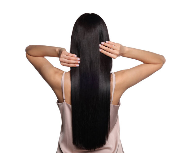 Woman with strong healthy hair on white background, back view
