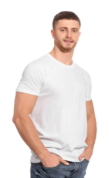 Man Bär Tom Shirt Vit Bakgrund Mockup För Design — Stockfoto