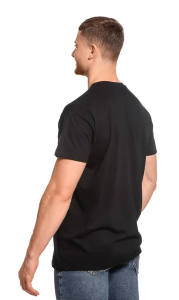 白い背景に黒いTシャツを着た男 デザインのためのモックアップ — ストック写真