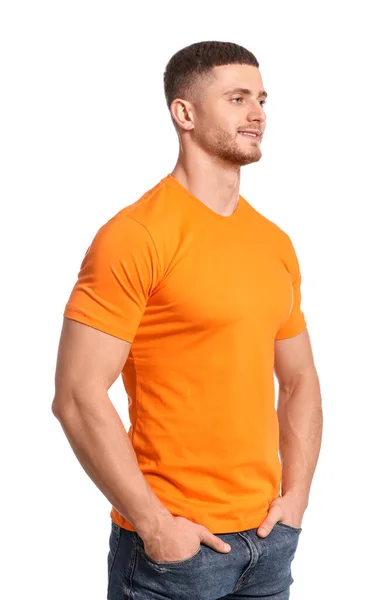 Mann Mit Orangefarbenem Shirt Auf Weißem Hintergrund Mockup Für Design — Stockfoto