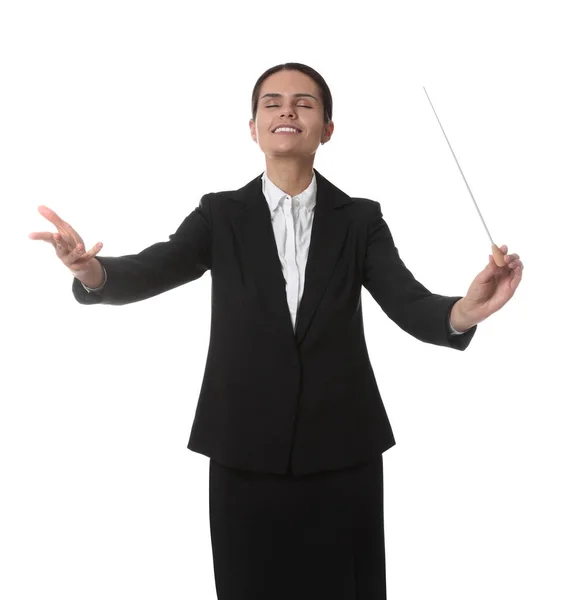 Joven Conductor Feliz Con Bastón Sobre Fondo Blanco —  Fotos de Stock
