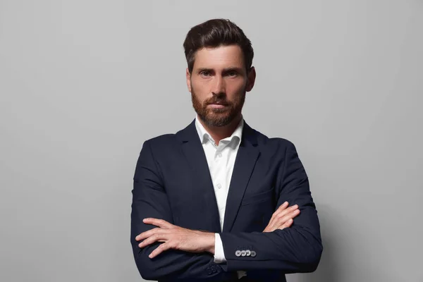 Portrait Handsome Bearded Man Suit Light Grey Background — Stockfoto