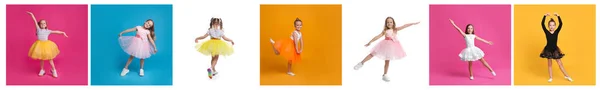 与照片可爱的小女孩在不同的色彩背景下跳舞的学院 条幅设计 — 图库照片
